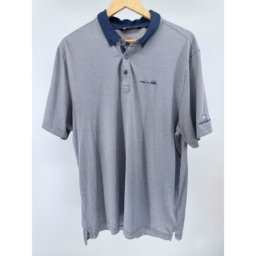 Travis Mathew Golf Polo Shirt Mens XL Gray Navy Blue Striped Golden Bear Club